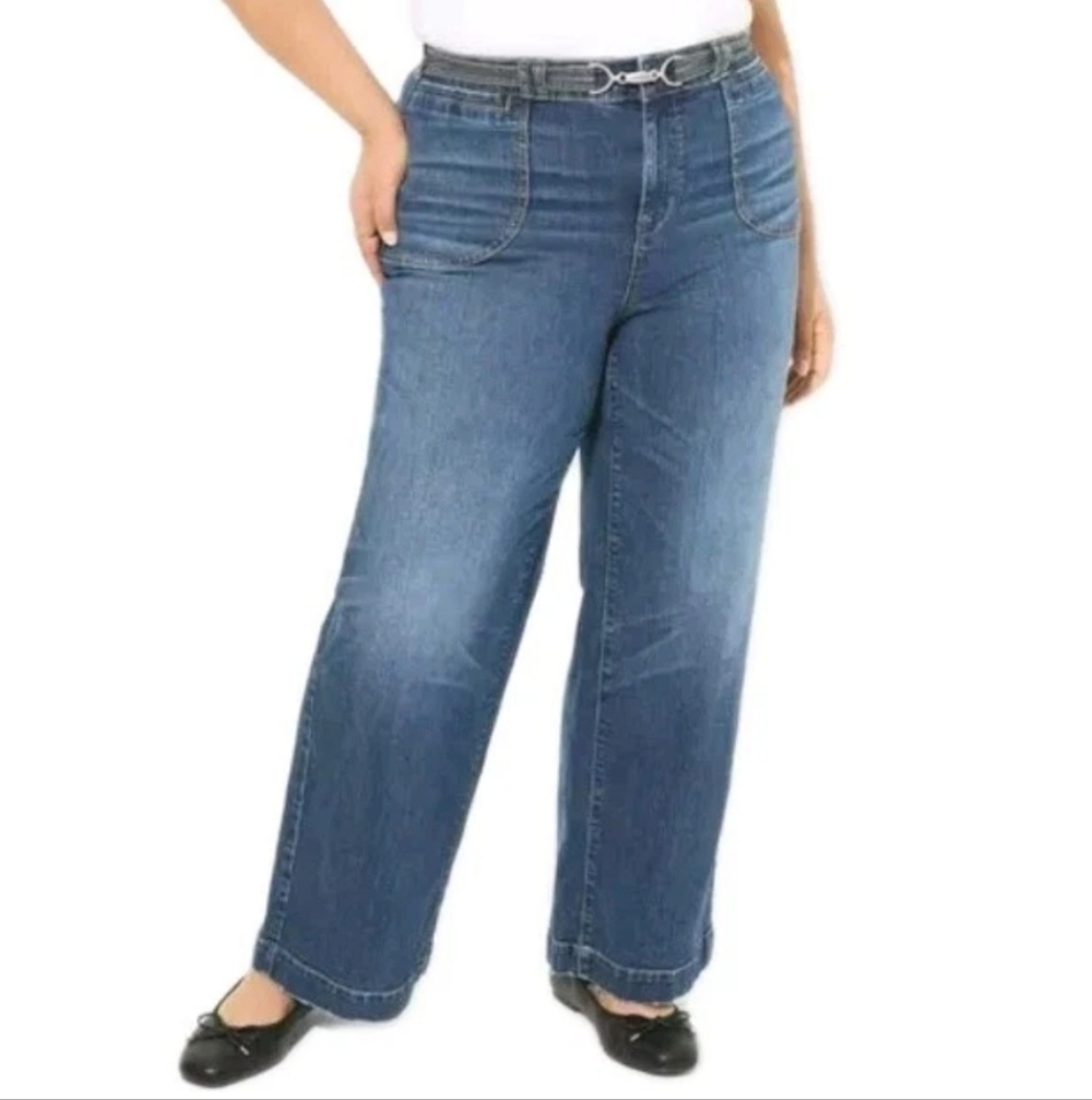 Torrid High Rise Wide Leg Vintage Stretch Jeans Plus 24W Tall Blue Denim Belted